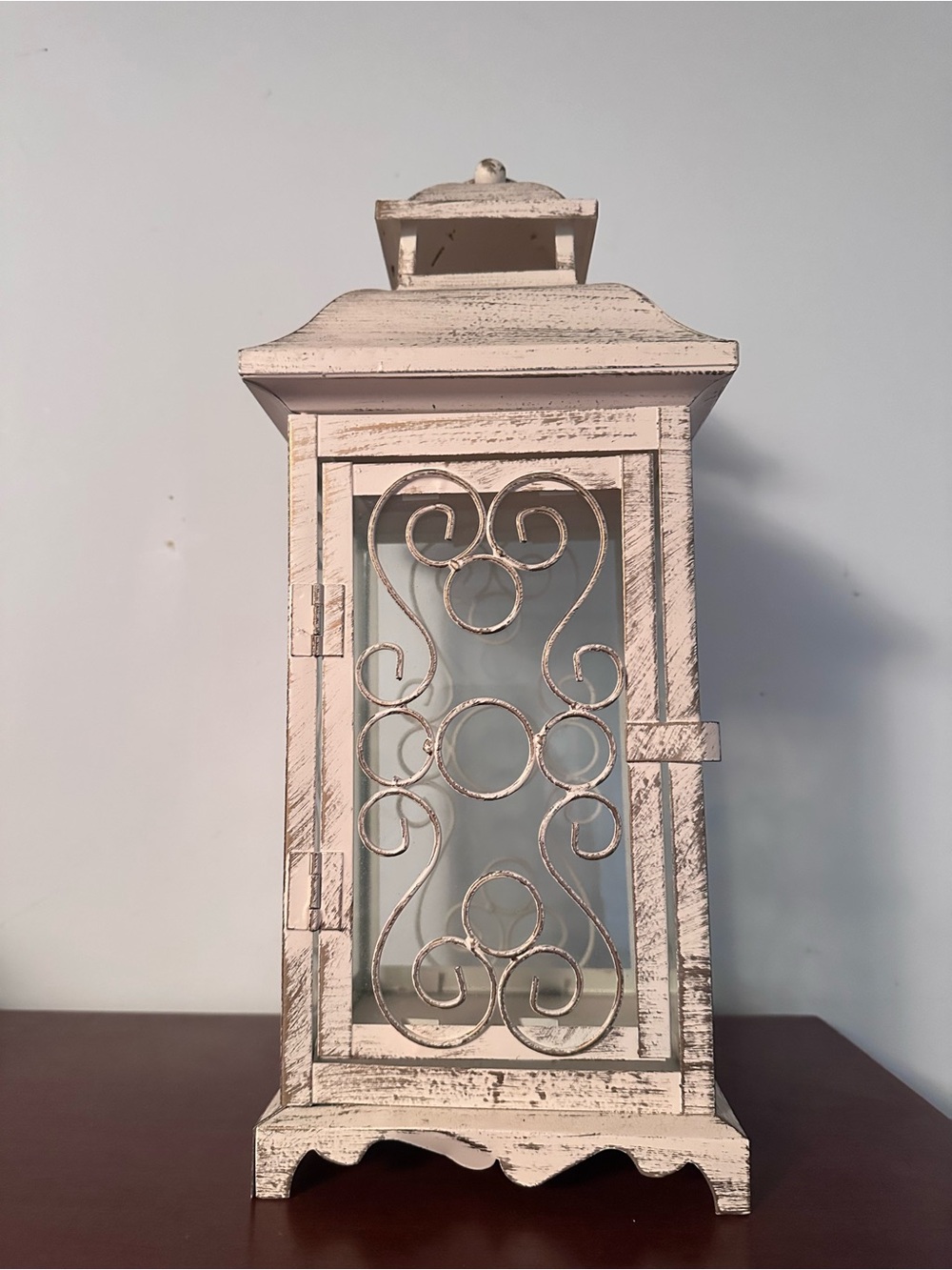 Distressed Cream Decorative Lantern with Scrollwork